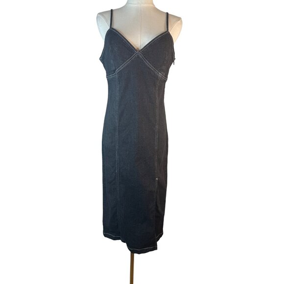 Topshop Size 8 Black Denim Spaghetti Strap Midi Front Slit Jean Dress - Picture 1 of 15